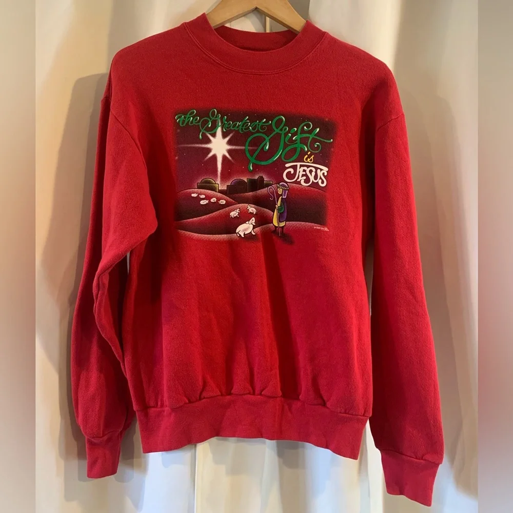 Vintage Christmas Greatest Gift Is JESUS Lee Size Small Sweatshirt Red Crew Neck